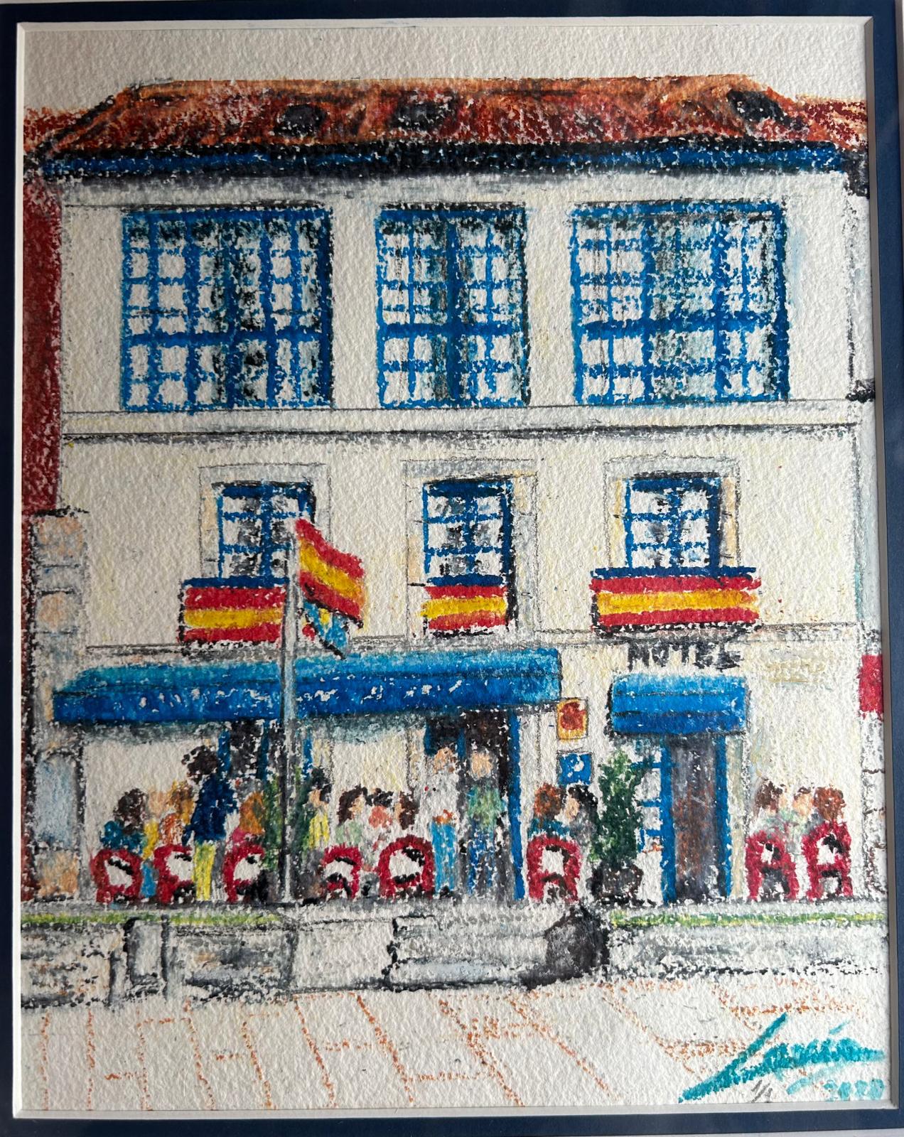 Pintura artística del Hotel Cuevas del Mar Nueva de Llanes con banderas españolas y galería, obra de artista local 2020